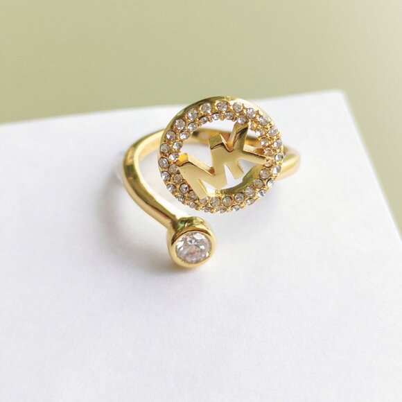 Michael Kors Monogram Logo and Crystal Gold Open Ring #7 NEW - Picture 1 of 5